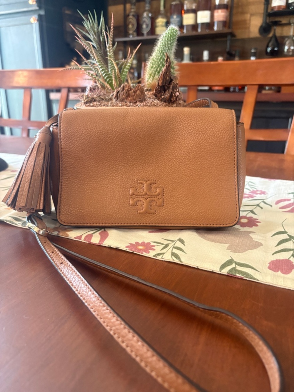 Tory Burch Cognac Pebbled Leather Tassel Crossbody
